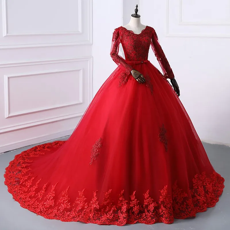 Vestido para quinceañeras de encaje con cinturón de manga larga y tren de barrido, vestido de fiesta de lujo para graduación, Vestidos de talla grande 15 para niña personalizado