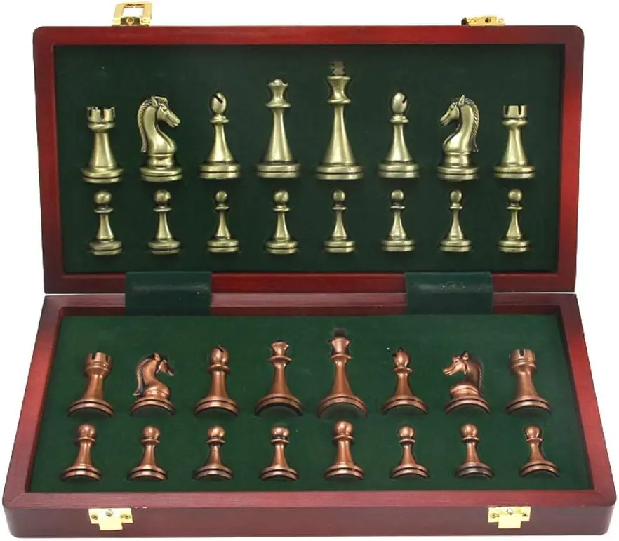 

Metal Deluxe Chess Retro Copper Plated Alloy Chess Adult Set Board Game Portable Wooden Box Storage Folding, 2 Players Che