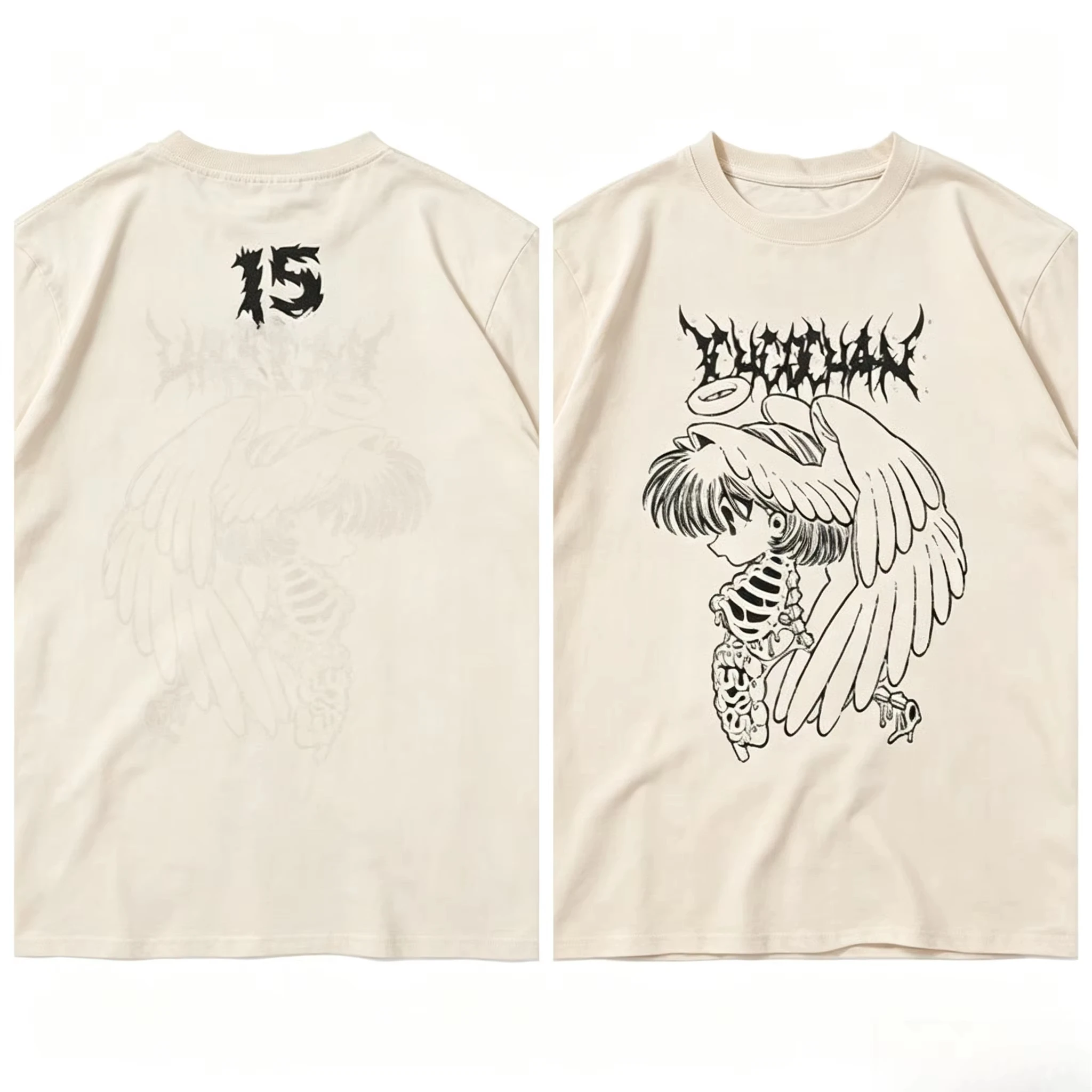 2026 New Harajuku Family Matching Oversized Unisex Streetwear TShirt Gothic Angel Skeleton Anime Front Double Sided Graphic Tee