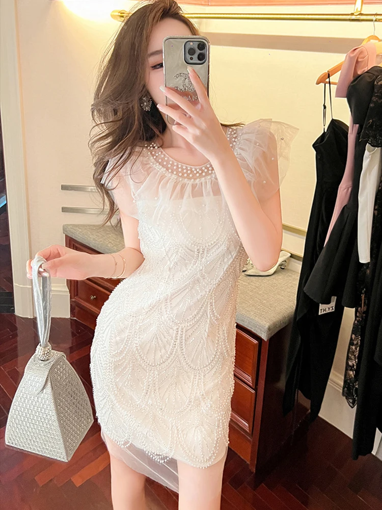 

Летнее вечернее короткое платье для женщин, элегантное шикарное блестящее сетчатое платье с короткими рукавами, тонкое мини-платье для вечеринки, выпускного вечера, дня рождения, Mujer Vestidos