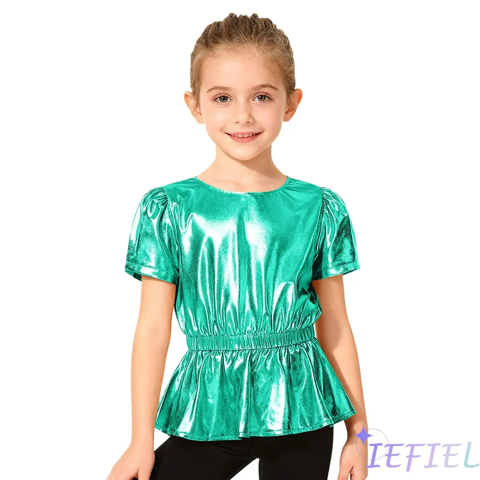 

Girls Professional Stage Performance Dance Metallic Peplum Top Jazz Dance Hip-Hop T-shirt Jazz Dancewear for Training Sessions