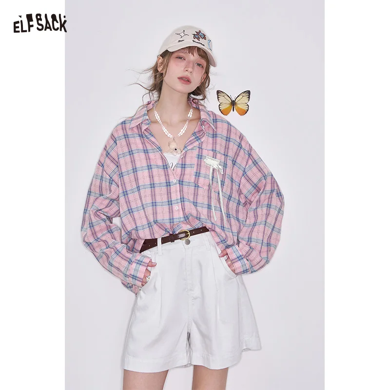 ELFSACK 2025 Spring New Arrivals Sweet Plaid Lace Bow Shirt Women Preppy Style Casual Single Breasted Top