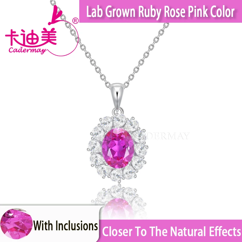 

CADERMAY 8x10mm Lab Grown Ruby Rose Pink Color S925 Sterling Silver Chain Necklace For Women Jewelry Wedding Anniversary Gifts