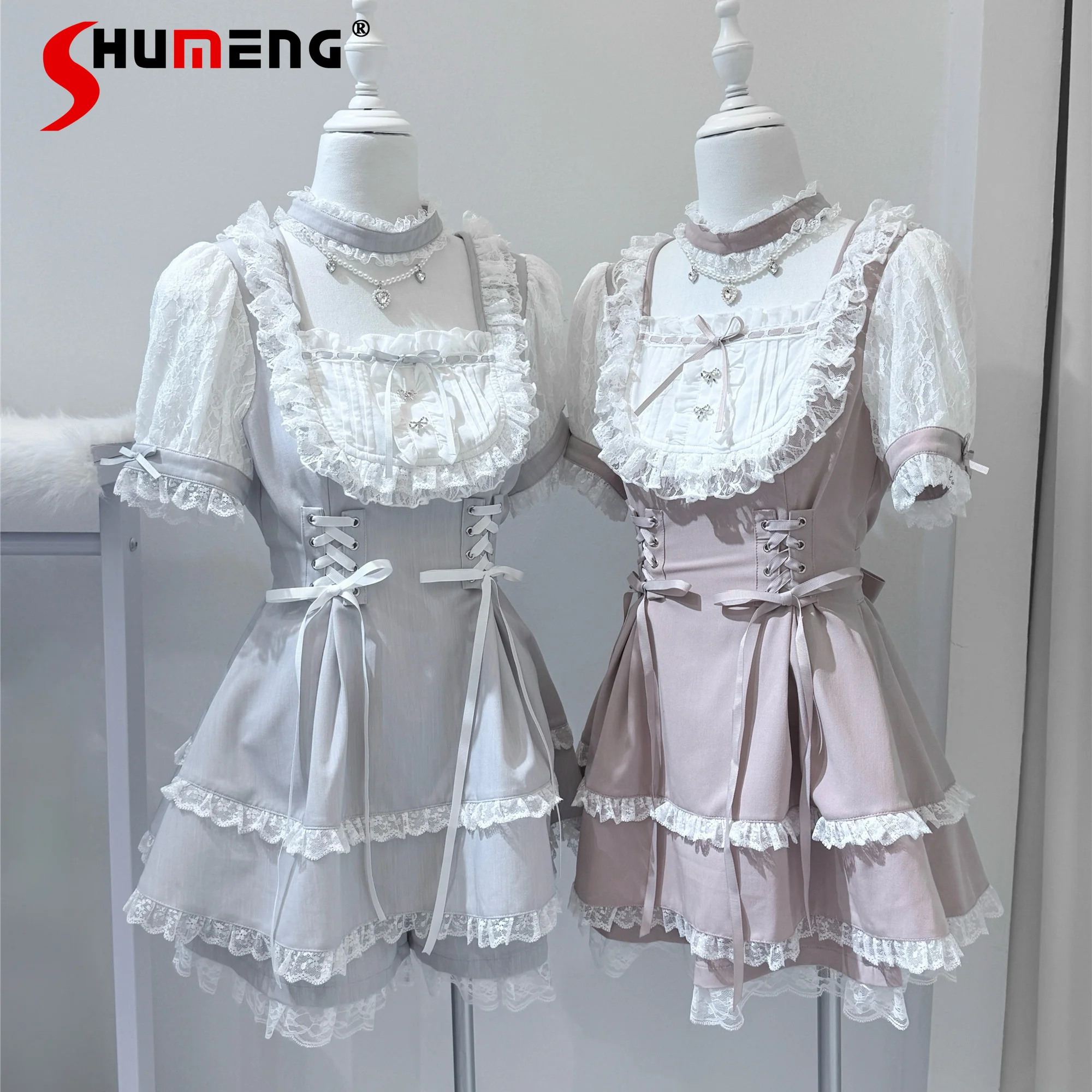 

Японский сладкий шахтный стиль, массовое производство, полый квадратный вырез, кружево, пышные рукава, бант, мини-платье, шорты с высокой талией, комплект из двух предметов для женщин