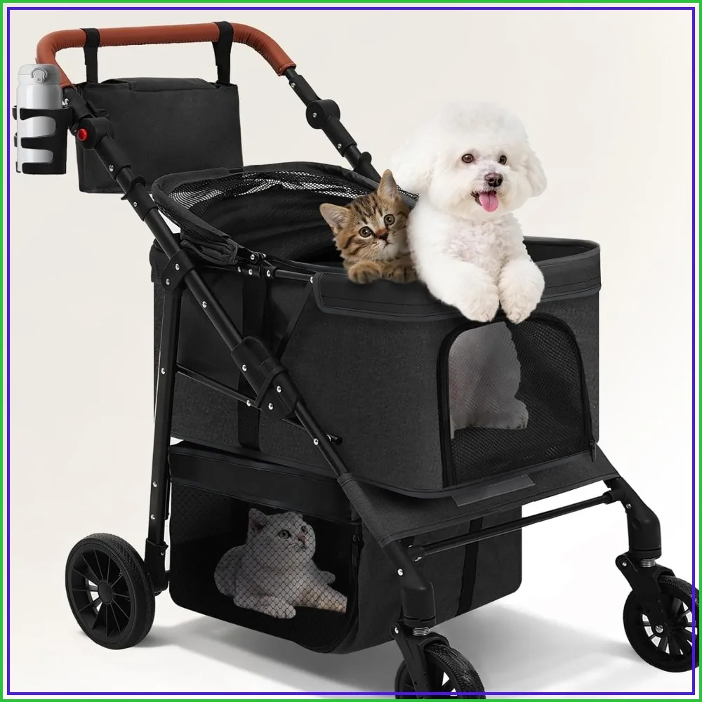 

All-Terrain Dog Stroller for Small Pets, 360° Front Wheels, Adjustable Handle, Canopy, Cup Holder, Storage Basket, One-Step Fold, Ventilated