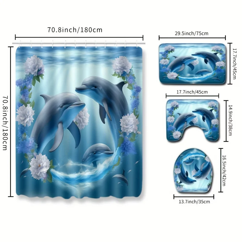 4pcs Flower Dolphin Printed Shower Curtain Set, Waterproof Shower Curtain With Hooks, Non-Slip Bath Back, Toilet U-Shape Carpe