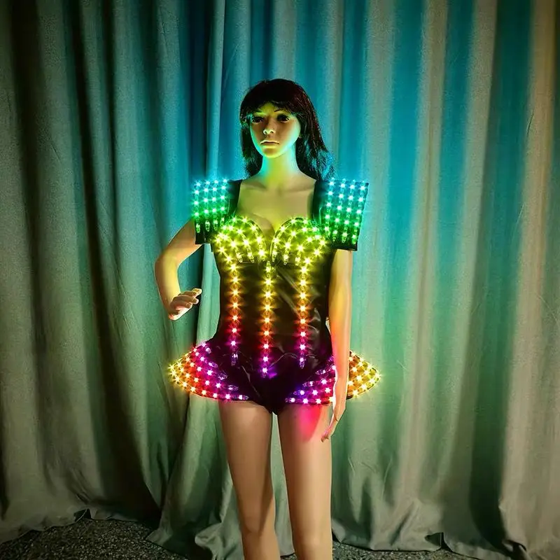 LED Light Dress Women's Color Change Bodysuit Fiber Optical Dance Costume DJ Suits Remote Control Stage Performance Wear