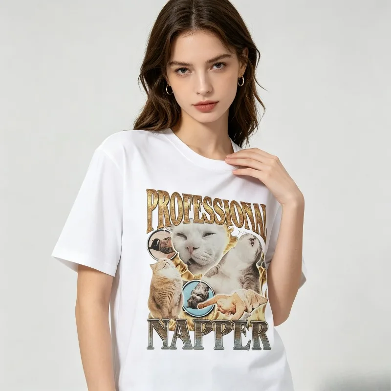 PROFESSIONAL NAPPER Funny Cat Nap Graphic T-Shirt 100% Cotton Sleeping Cat Print Tee Women Men Casual Daily  Streetwear Tops