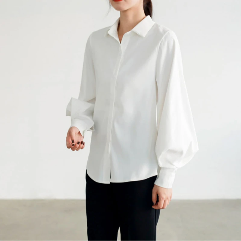 Spring Autumn Lantern Sleeve Elegant Women's White Blouse 2025 New Turn-down Collar Korean Casual Loose Shirts Female