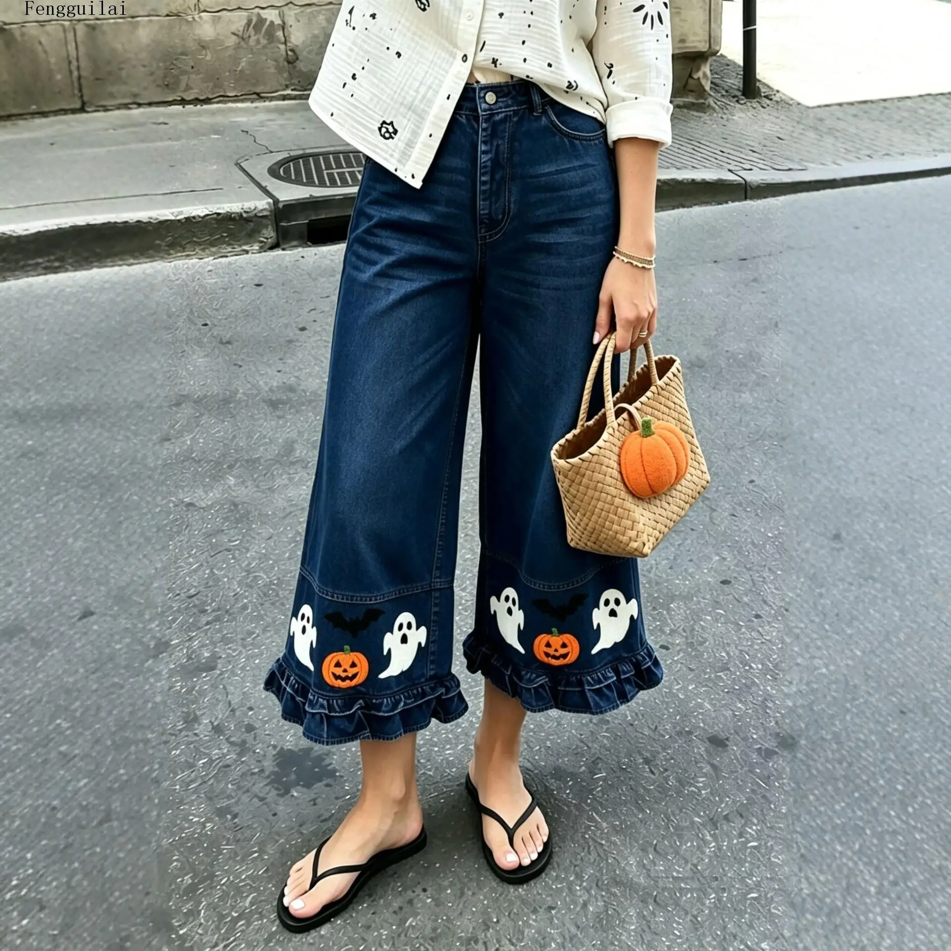 Ladies High Waist Denim Wide Leg Pants Halloween Ghost Pumpkin Bat Pattern Ruffled Hem Casual Loose Fit Jeans Trousers