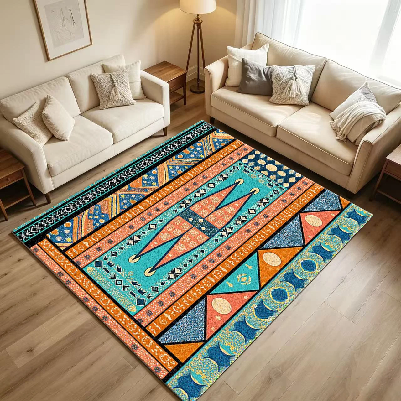 Bohemian Tribal Border Carpet Flooring Retro Orange Teal Ethnic Geometric Arrow Ornament Seamless Pattern Printed Floor Rug for Household Indoor Boho Home Decoration