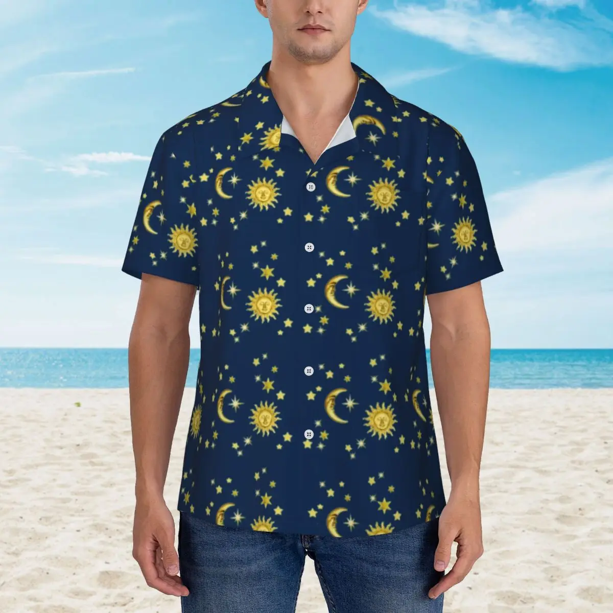 

Hawaiian Shirt Vacation Glod Moon Blouses Sun And Stars Print Elegant Casual Shirts Men Short Sleeves Streetwear Clothing