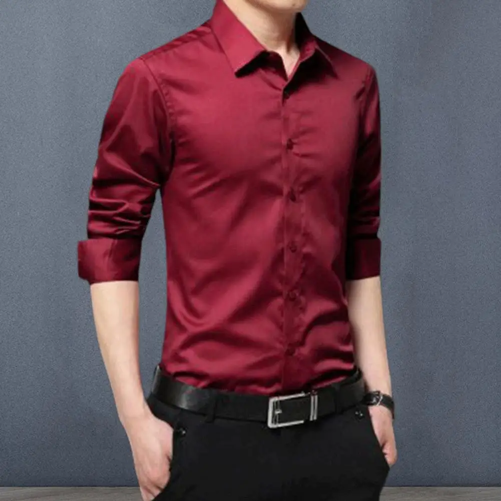 Anti-wrinkle Shirt Men's Slim Fit Business Shirt Lapel Long Sleeve Single Breasted Wrinkle-resistant Smooth Top for Spring