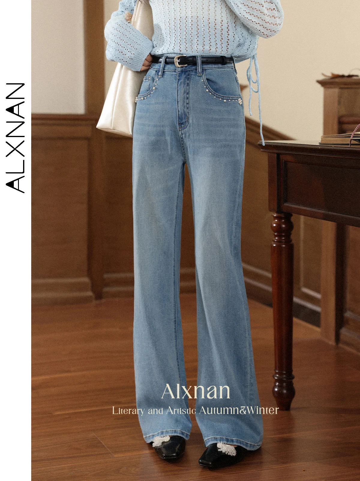 

ALXNAN Women's Jeans Vintage Blue Straight Wide-leg Cotton Baggy Jeans Autumn Loose-fit Casual Long Denim Pants Female L56780