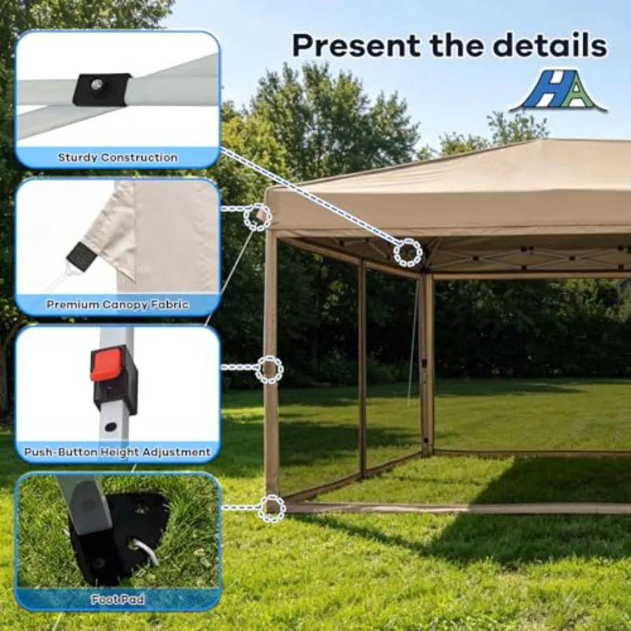 10x20 Pop Up Canopy Tent with Mosquito Netting, Beige Steel Frame, Portable, Waterproof, UV Protection. Ideal for Camping, Part view 6