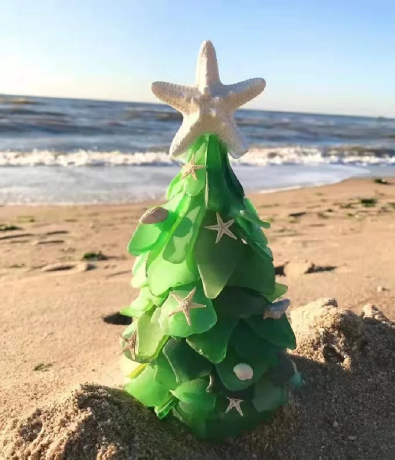 

Sea Glass Christmas Tree with Starfish Handcrafted Christmas Tree Resin Ocean Beach Christmas Tree for Birthday Party Gift Decor