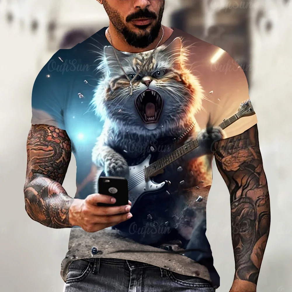 

T Shirt For Men Summer Short Sleeve Animal T-Shirts Rock Cat 3d Print Fashion Casual Street Oversized Men's Clothing