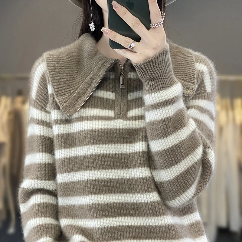 Women's 100% Merino Wool Sweater Turtleneck Strip Zipper Half Open Neck Pullover Autumn Winter Thickened Casual Knit Loose Tops