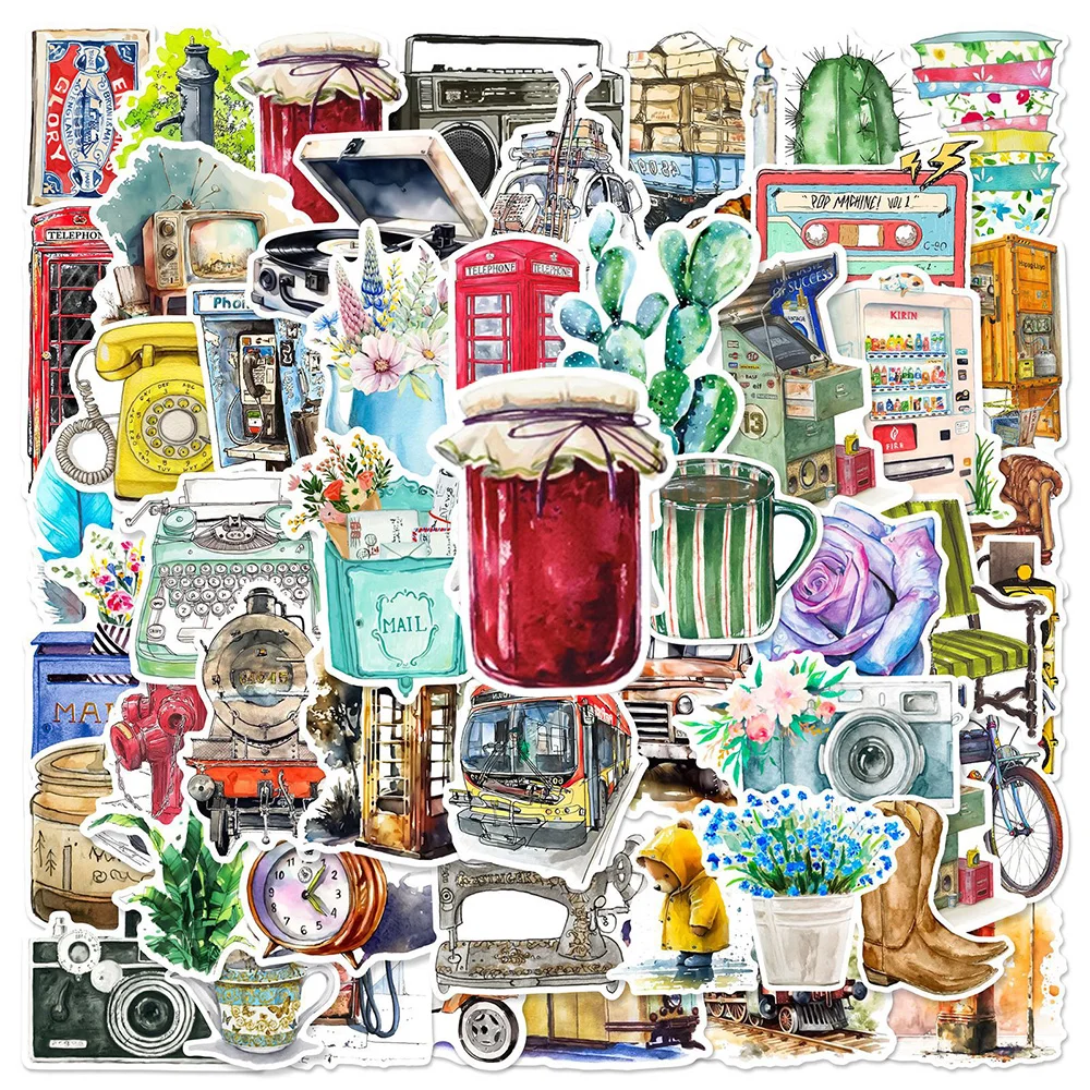 10/30/50pcs Watercolor Vintage Objects Cartoon Stickers Retro Aesthetic Sticker Decoration DIY Stationery Helmet Phone Decal Toy