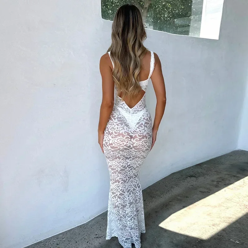 Abito aderente sottile in pizzo bianco donna cinturino per Spaghetti 2024 abito estivo Maxi lungo Backless Nightclub abiti da festa Sexy MYQH04