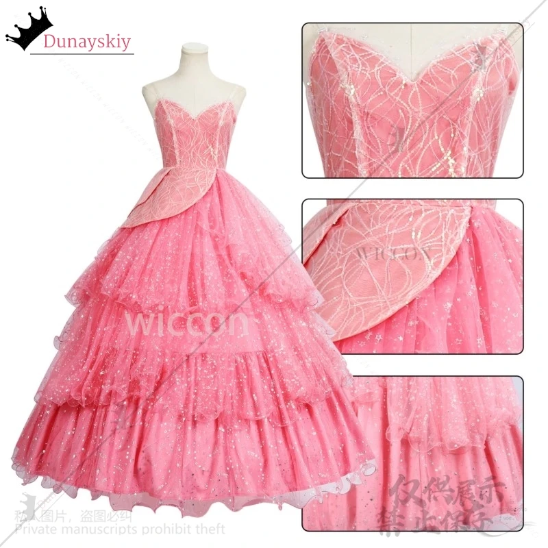 Glinda Wicked Cosplay Anime Movie Costume Pink Dress Lolita Evening Cute Suit Wig Halo Earing Set For Halloween Girls Customized