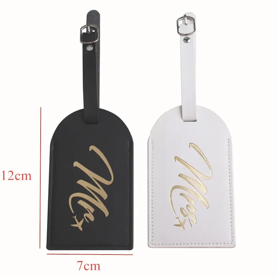2 unids/set Mr Mrs parejas etiqueta de equipaje etiqueta de maleta colgante con tarjetas de identificación de nombre accesorios de viaje de cuero PU antipérdida para vuelo