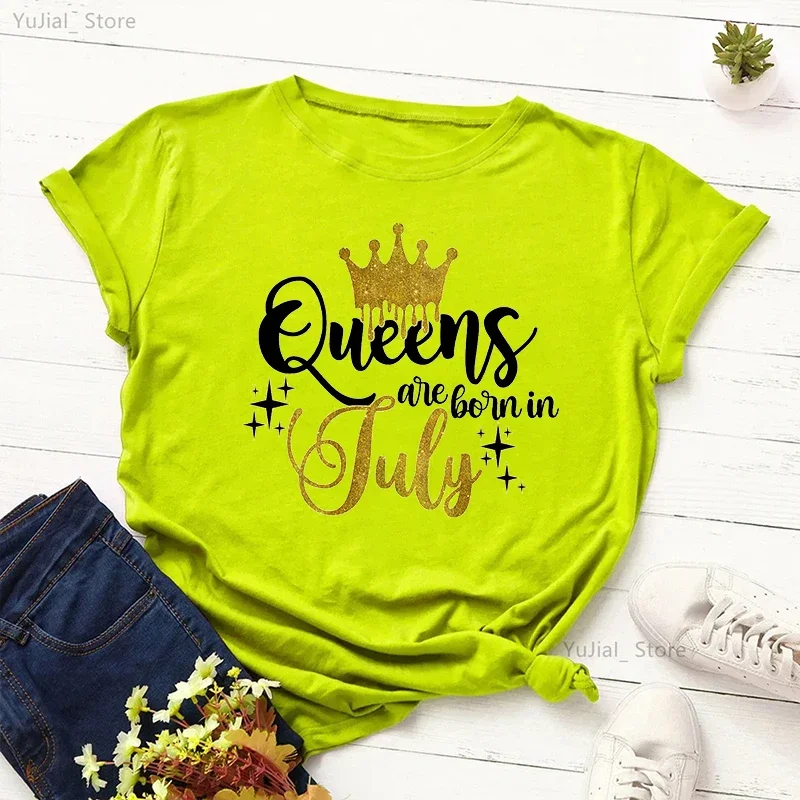 

Birthday Gift T-Shirt Golden Queen Are Born In July Graphic Print Tshirt Girls Black/White/Pink/Green/Yellow/Gray T Shirt