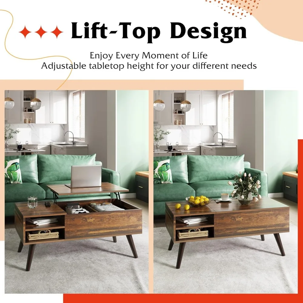 Wood Lift Top Coffee Table Hidden Compartment and Adjustable Storage Shelf, Lift Tabletop Dining Table  Home Living Room, Office