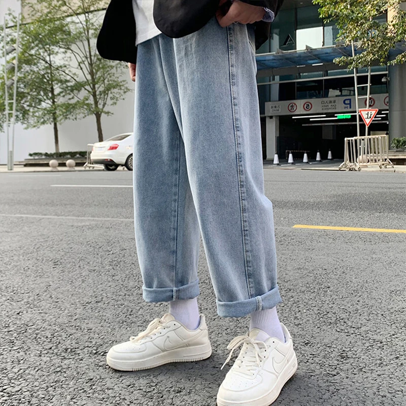 

2022 Four Seasons Korean Fashion Streetwear Baggy Jeans Loose Straight Denim Wide Leg Pants Male Clothing Vintage Blue Black