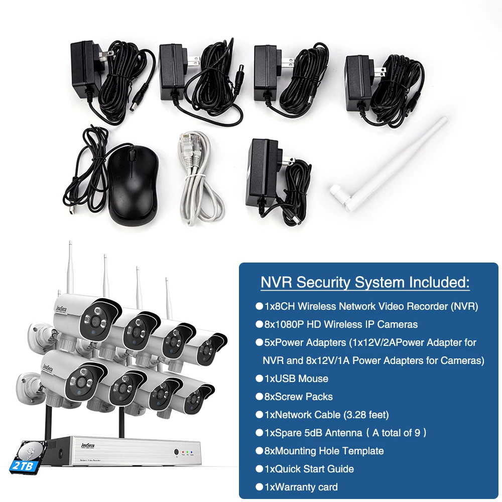 1080P Wireless Security System 8pcs Camera, 8Channel NVR, WiFi IP Surveillance, Hard Drive 2TB Motion Detection 24-7 Recording