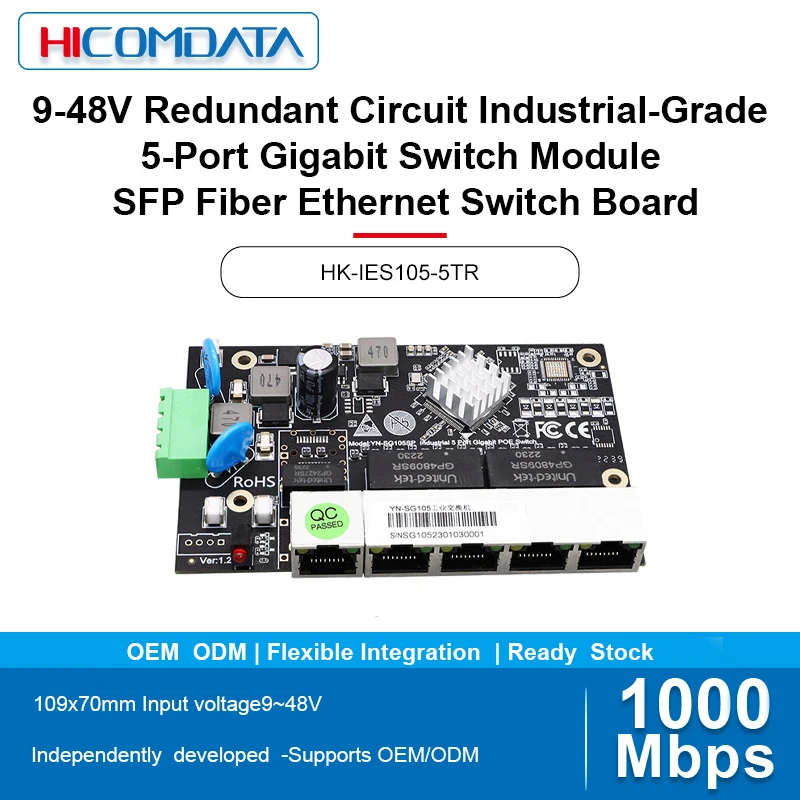 HICOMDATA 9-48V redundant circuit industrial five port gigabit switch module SFP fiber optic Ethernet switch PCBA board