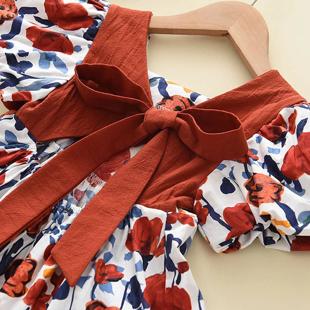 Bear Leader Girl Summer Dress Outfits 2023 New Girls Floral Princess Dress Backless Tie Bow Puff Sleeve Fashion Dress for 3-11 Y