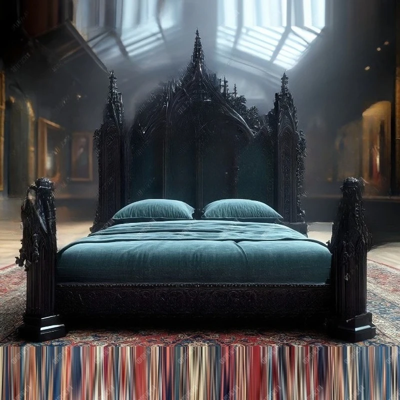 

Solid wood double bed European carved construction bed, high-end black paint bed