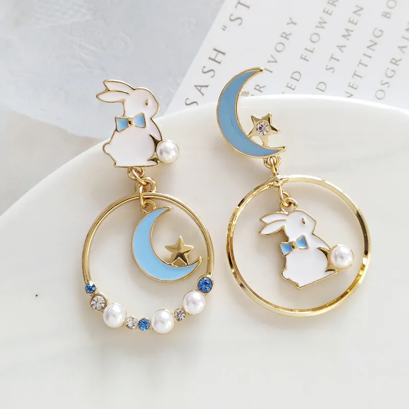 New 2022 Sweet Geometric Circular Drop Earrings for Women Long Asymmetric Fine Moon Rabbit Cute Fashion Earrings