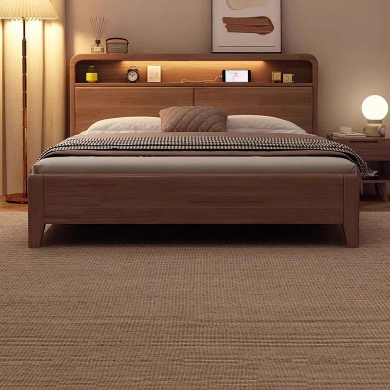 سرير جلدي أرضي، غرفة نوم أوروبية بسيطة، سرير مزدوج بحجم كينج، تصميم نوم، أثاث خشبي موفر للمساحة، أثاث عصري #4