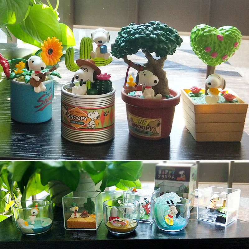 6 Set Snoopy Plants Flowers Desktop Ornaments Exquisite Student Cartoon Figure Collect Decorate Model Toys Festival Gift