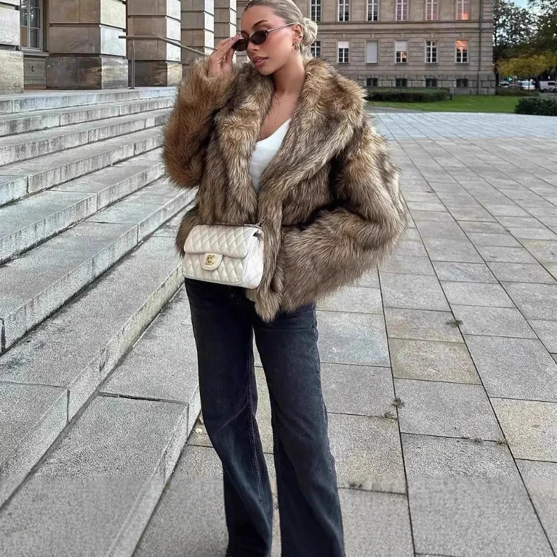 TARUXY Elegant Fluffy Faux Fur Outwear Women Fashion Lapel Long Sleeves Plush Thick Jacket Winter New Daily High Street Outwear