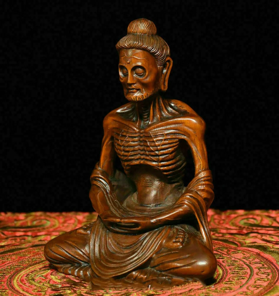 Rare Chinese Buddhism Hand Carved Boxwood Wood Carved Skinny Arhat ascetic monk Buddha