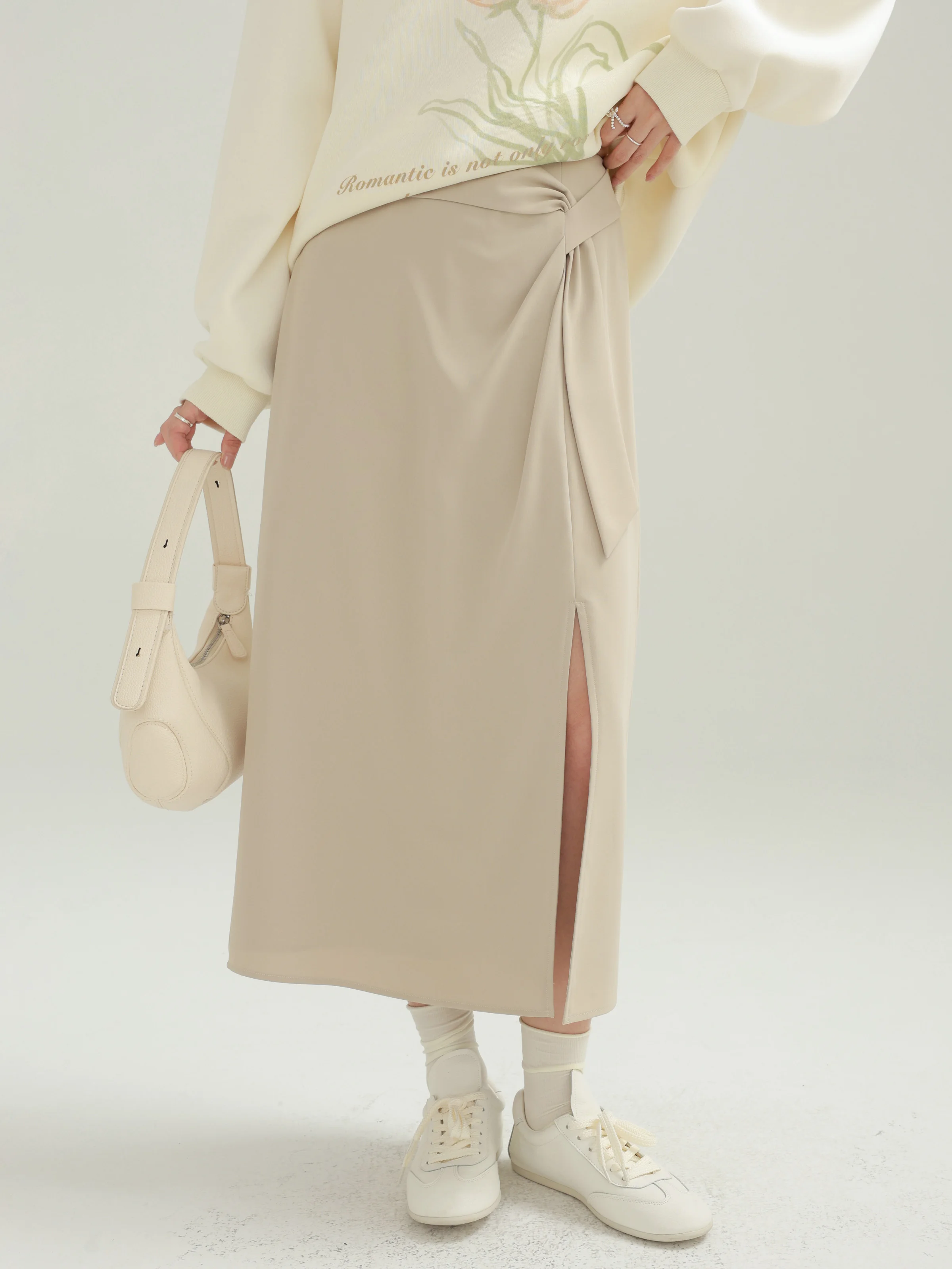 Falda caqui informal elegante, falda Midi con abertura lateral de cintura alta para mujer, falda holgada minimalista de Color sólido con lazo en la cintura para oficina Chic