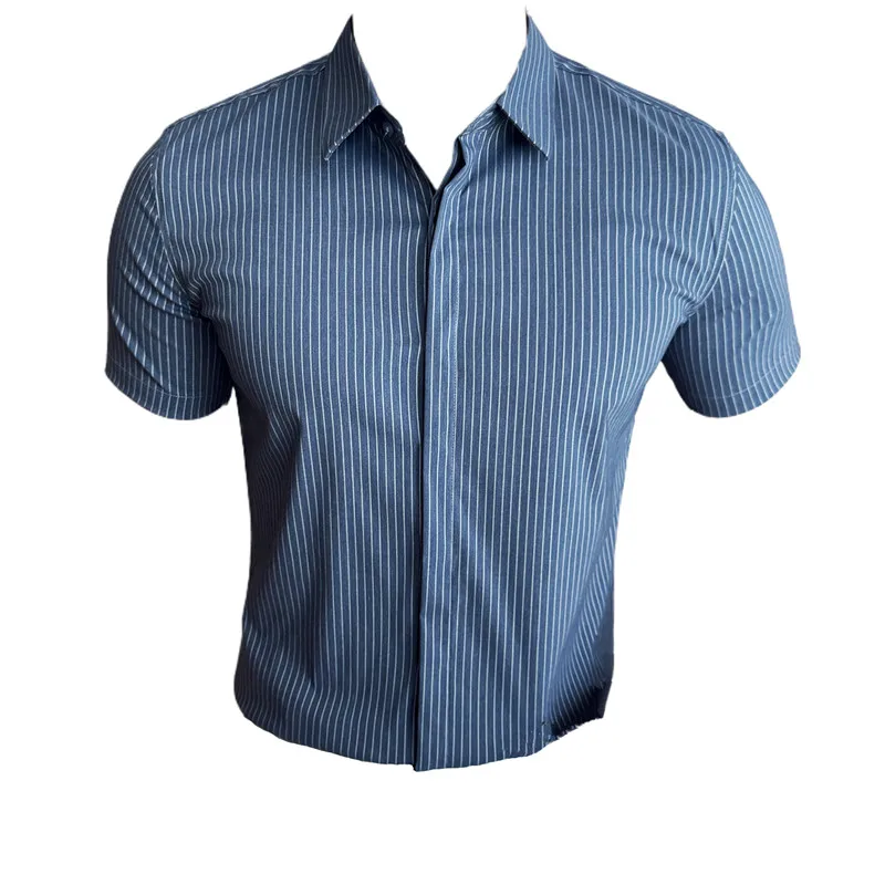 2024 Summer Fashion Vertical Striped Shirts Luxury Men\'s Hidden Button Short Sleeved Slim Fit Casual Business Shirt Men Clothing