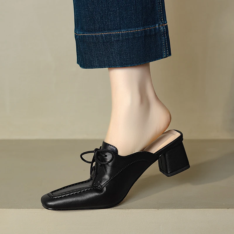 

New Summer Women Shoes Genuine Sheepskin Leather Slippers Women Covered Toe Thick High Heels Party Dress Mules Ladies Sandals