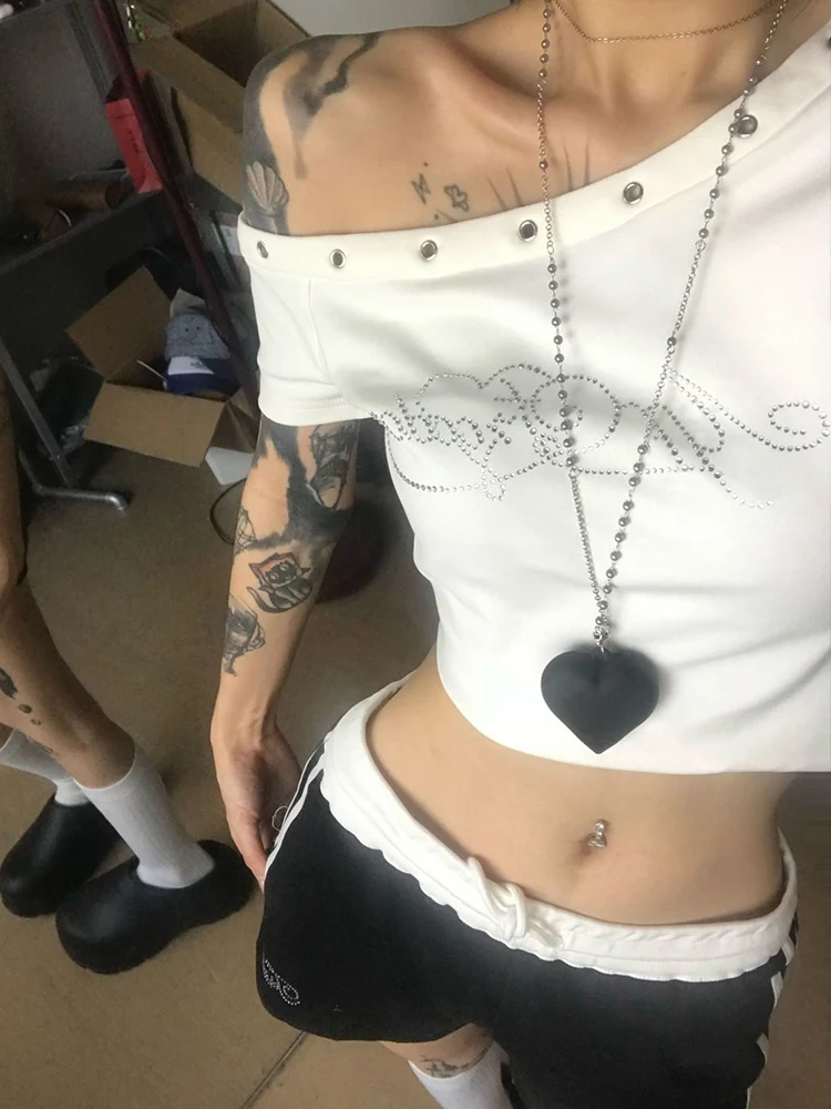 Schulterfreies T-Shirt für Damen, O-Ausschnitt, rund, alternativer Stil, normales Basic-Design, modisch, schlicht, lässig, für Damen, Mädchen, Mädchen