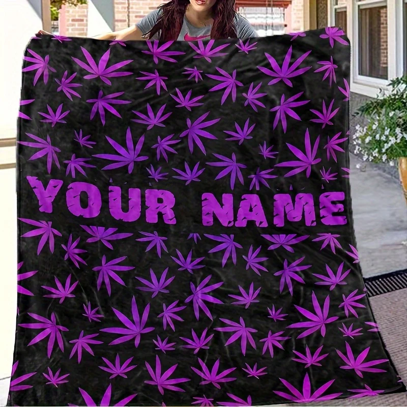 Personalized Name Customized Purple Maple Leaf Plant Flannel Blanket Sofa Bed Blanket Purple Leaf Bedding Room Decoration
