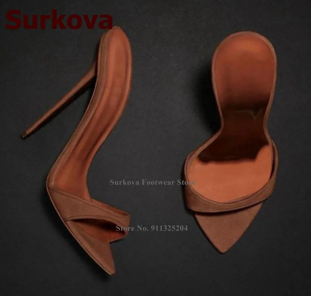 Surkova Coffee Suede Pointed Toe High Heel Slippers Women Sexy Slip-on Dress Sandals Sky High Heels Banquet Shoes Size45 Pumps