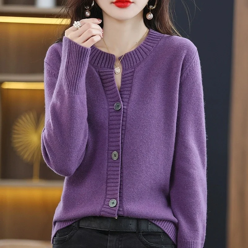 Ele Reine Baumwolle runde Ne Offene Strickjacke frauen Oberbekleidung Frühling Neue Sle Wolle Pullover Lange Sve Jaet Strickwaren