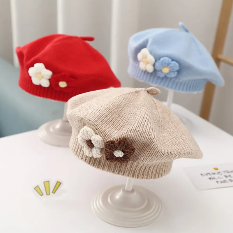 Winter Baby Flower Beret Hat Warm Knitted Beanie Cap for Infant Girls Korean Toddler Princess Artist Solid Color Painter Caps