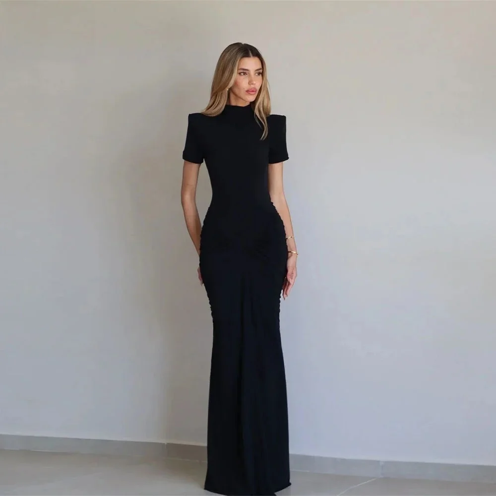 

Black Short Sleeves Long Bespoke Occasion Gown Evening Dresses Prom Pastrol Unisex Jersey Retro Dubai Saudi Arabic Customized