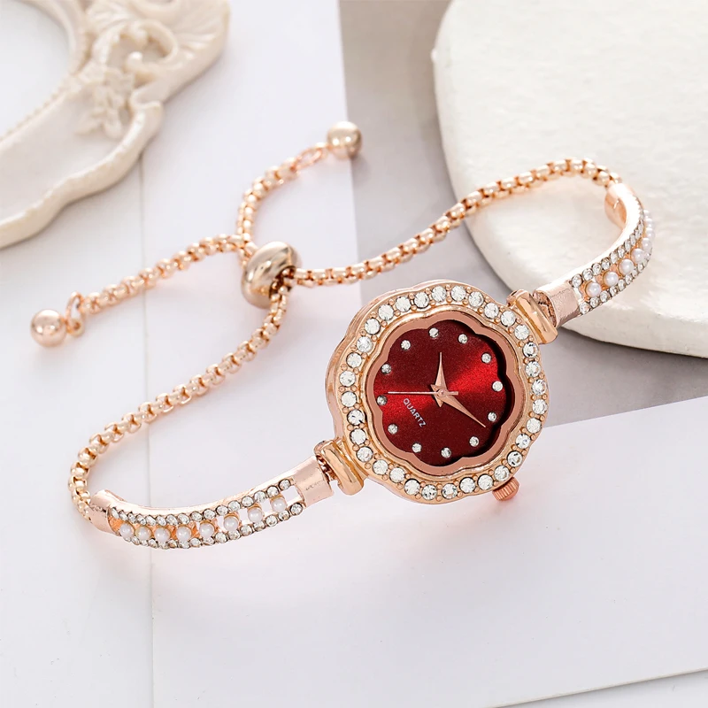 1pcs Floral Colorful Dial Fashion Small Light Luxury Pearl Strap Women's Watch Features Pulling Bracelet