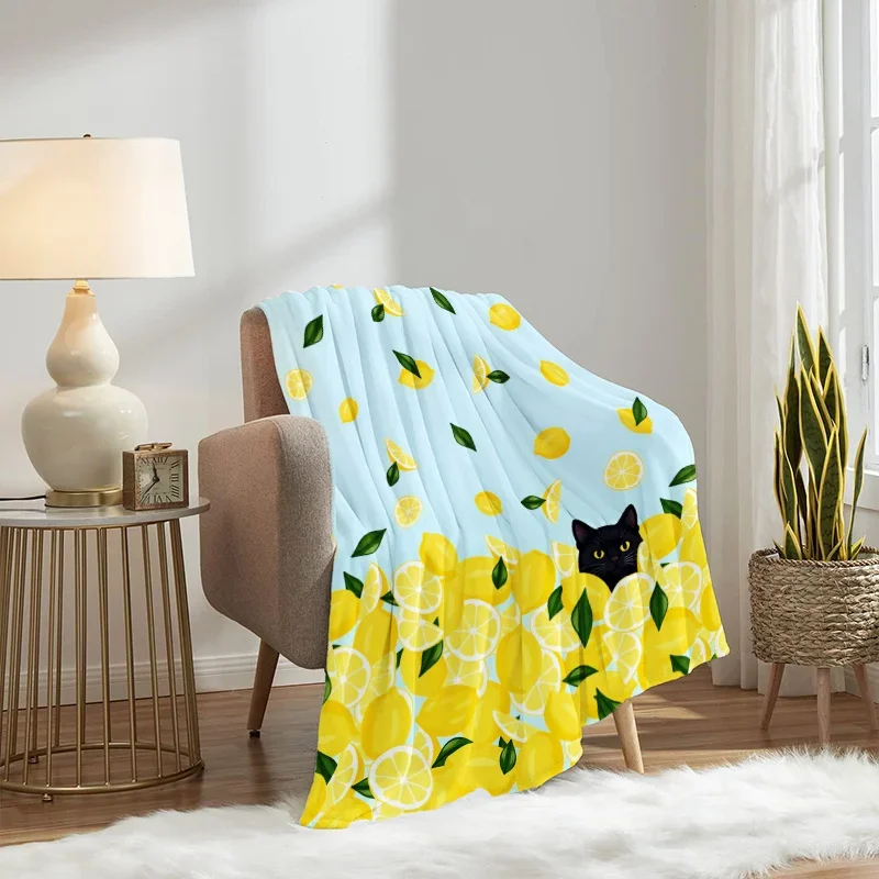 Cute Cat Lemon Print Throw Blanket Cozy Throw for Couch Bedroom Decor Gift Idea