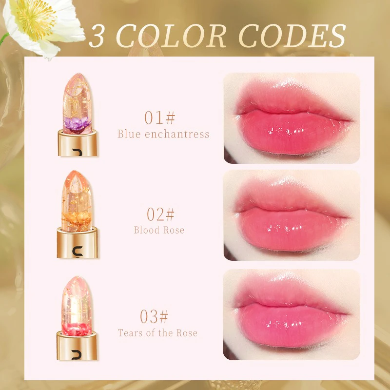 Bálsamo labial de gelatina de cristal, Bálsamo labial con flor que cambia de Color y temperatura, hidratante transparente de larga duración, lámina dorada